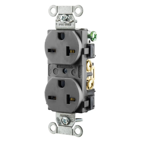 Hubbell-PRO 5462GY, Heavy Duty Duplex Receptacles, Smooth Nylon Face, Back and Side Wired, 20A 250V, 6-20R, 2-Pole 3-Wire Grounding, Gray