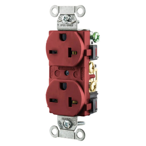 Hubbell-PRO 5462R, Heavy Duty Duplex Receptacles, Smooth Nylon Face, Back and Side Wired, 20A 250V, 6-20R, 2-Pole 3-Wire Grounding, Red