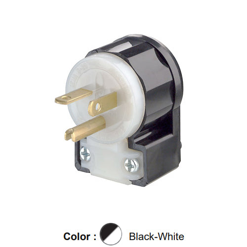Leviton 5466-CA, Straight Blade Angled Plug, Industrial Grade, 20A 250V, NEMA 6-20P, 2-Pole, 3-Wire, Grounding, Black/White