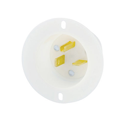 Leviton 5478-C, Straight Blade Flanged Inlet Receptacle, Industrial Grade, 20A 250V, NEMA 6-20P, 2-Pole, 3-Wire, Grounding, Back Wired, Thermoplastic Nylon Strap, White