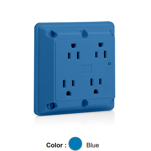 Leviton 5480-BU, 4-in-1 Surge Protective Quadruplex Receptacle, Heavy-Duty Industrial Specification Grade, Indicator Light, 15A 125V, NEMA 5-15R, 2-Pole, 3-Wire, Side Wire Only, Blue