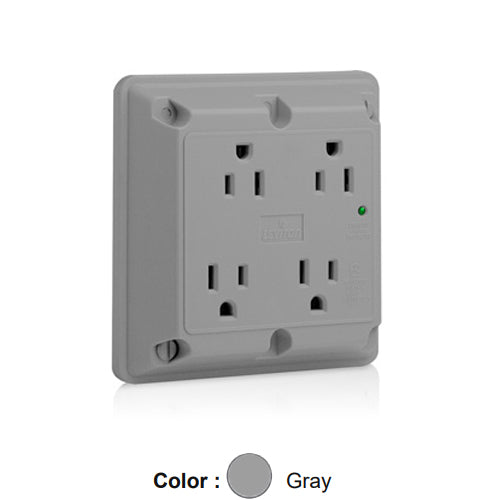 Leviton 5480-GY, 4-in-1 Surge Protective Quadruplex Receptacle, Heavy-Duty Industrial Specification Grade, Indicator Light, 15A 125V, NEMA 5-15R, 2-Pole, 3-Wire, Side Wire Only, Gray