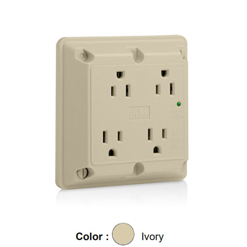 Leviton 5480-I, 4-in-1 Surge Protective Quadruplex Receptacle, Heavy-Duty Industrial Specification Grade, Indicator Light, 15A 125V, NEMA 5-15R, 2-Pole, 3-Wire, Side Wire Only, Ivory