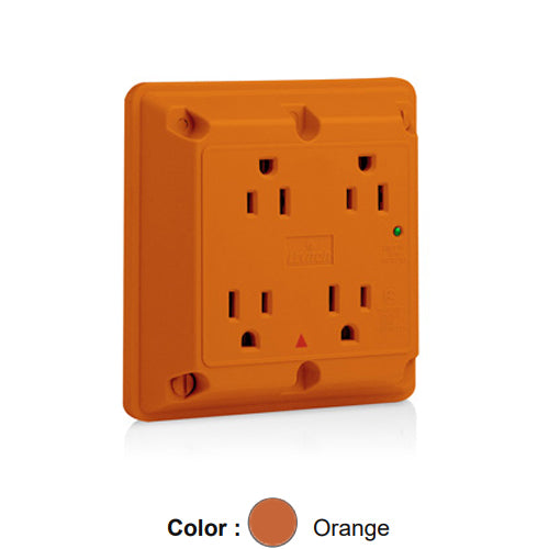 Leviton 5480-IG, 4-in-1 Surge Protective Quadruplex Receptacle, Heavy-Duty Industrial Specification Grade, Indicator Light, Isolated Ground, 15A 125V, NEMA 5-15R, 2-Pole, 3-Wire, Side Wire Only, Orange