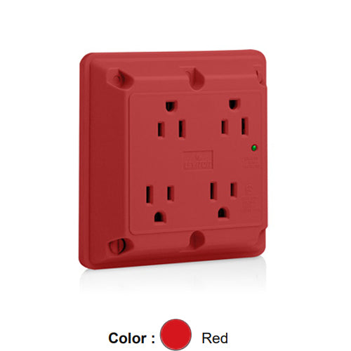 Leviton 5480-R, 4-in-1 Surge Protective Quadruplex Receptacle, Heavy-Duty Industrial Specification Grade, Indicator Light, 15A 125V, NEMA 5-15R, 2-Pole, 3-Wire, Side Wire Only, Red
