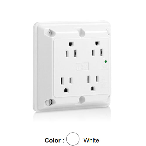 Leviton 5480-W, 4-in-1 Surge Protective Quadruplex Receptacle, Heavy-Duty Industrial Specification Grade, Indicator Light, 15A 125V, NEMA 5-15R, 2-Pole, 3-Wire, Side Wire Only, White