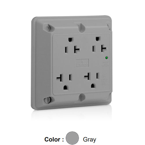 Leviton 5490-GY, 4-in-1 Surge Protective Quadruplex Receptacle, Heavy-Duty Industrial Specification Grade, Indicator Light, 20A 125V, NEMA 5-20R, 2-Pole, 3-Wire, Side Wire Only, Gray