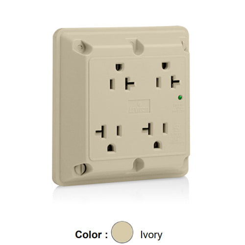 Leviton 5490-IGI, 4-in-1 Surge Protective Quadruplex Receptacle, Heavy-Duty Industrial Specification Grade, Indicator Light, Isolated Ground, 20A 125V, NEMA 5-20R, 2-Pole, 3-Wire, Side Wire Only, Ivory