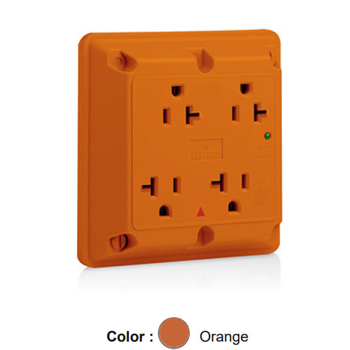 Leviton 5490-IG, 4-in-1 Surge Protective Quadruplex Receptacle, Heavy-Duty Industrial Specification Grade, Indicator Light, Isolated Ground, 20A 125V, NEMA 5-20R, 2-Pole, 3-Wire, Side Wire Only, Orange