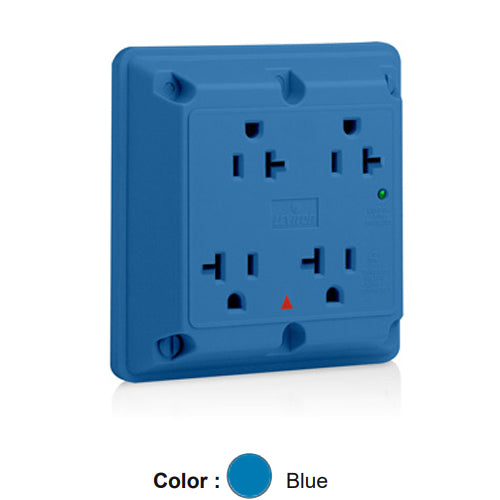 Leviton 5490-IGB, 4-in-1 Surge Protective Quadruplex Receptacle, Heavy-Duty Industrial Specification Grade, Indicator Light, Isolated Ground, 20A 125V, NEMA 5-20R, 2-Pole, 3-Wire, Side Wire Only, Blue