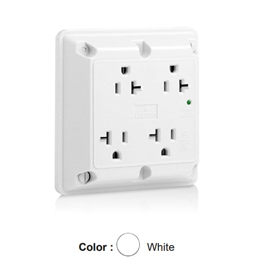 Leviton 5490-W, 4-in-1 Surge Protective Quadruplex Receptacle, Heavy-Duty Industrial Specification Grade, Indicator Light, 20A 125V, NEMA 5-20R, 2-Pole, 3-Wire, Side Wire Only, White