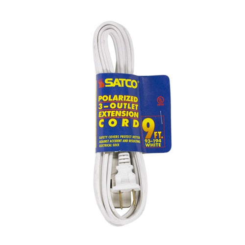 Satco 93-194, 9 Foot Extension Cord, 13A, 125V, 1625W Rating, White Finish, 16/2 SPT-2, Indoor Only