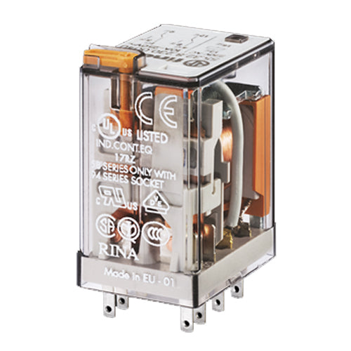 Finder 55.32.8.120.0040, Industrial Plug-in Relay, DPDT, 10A, 120V AC Coil, AgNi Contact, Lockable Test Button, Mechanical Indicator
