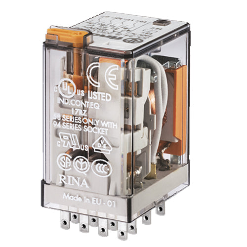 Finder 55.34.8.024.0040, Industrial Plug-in Relay, 4PDT, 7A, 24V AC Coil, AgNi Contact, Lockable Test Button, Mechanical Indicator