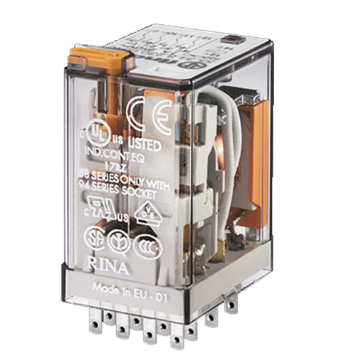 Finder 55.34.8.120.0040, Industrial Plug-in Relay, 4PDT, 7A, 120V AC Coil, AgNi Contact, Lockable Test Button, Mechanical Indicator