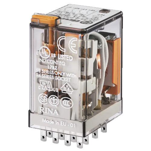 Finder 55.34.9.024.0040, Industrial Plug-in Relay, 4PDT, 7A, 24V DC Coil, AgNi Contact, Lockable Test Button, Mechanical Indicator