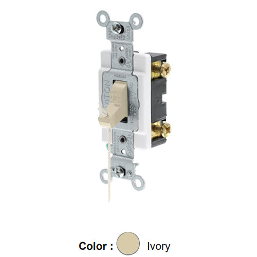 Leviton 5501-8I, Hospital Call Switch Single-Pole AC Quiet Toggle Switch, Industrial Specification Grade, Back & Side Wired, Grounding, 15A 120/277V AC, Ivory