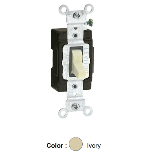 Leviton 5501-LHI, Illuminated OFF Single-Pole AC Quiet Toggle Switch, Lighted Handle, Does Not Require a Neutral Wire, Commercial Specification Grade, 15A 120V AC, Side Wired, Ivory