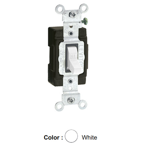 Leviton 5501-LHW, Illuminated OFF Single-Pole AC Quiet Toggle Switch, Lighted Handle, Does Not Require a Neutral Wire, Commercial Specification Grade, 15A 120V AC, Side Wired, White