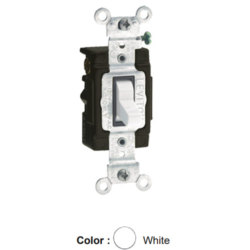 Leviton 5503-LHW, Illuminated OFF 3-Way AC Quiet Toggle Switch, Lighted Handle, Does Not Require a Neutral Wire, Commercial Specification Grade, 15A 120V AC, Side Wired, White
