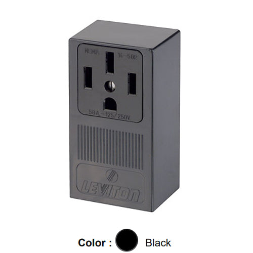 Leviton 55050-P00, Straight Blade Surface Mount Receptacle, 50A 125/250V, NEMA 14-50R, 3-Pole, 4-Wire, Industrial Grade, Grounding, Side Wired, Steel Strap, Black