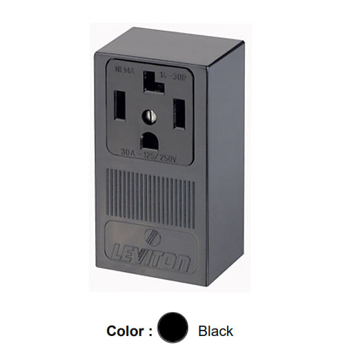 Leviton 55054-P00, Straight Blade Surface Mount Receptacle, 30A 125/250V, NEMA 14-30R, 3-Pole, 4-Wire, Industrial Grade, Grounding, Side Wired, Steel Strap, Black