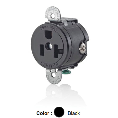 Leviton 5558-SS, Straight Blade Short Strap Single Receptacle, Commercial Specification Grade, Smooth Face, 20A 125V, NEMA 5-20R, 2-Pole, 3-Wire, Side Wire Only, Black