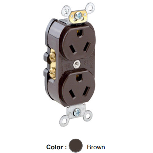 Leviton 5585, Standard Straight Blade Duplex Receptacle, Commercial Specification Grade, Smooth Face, 15A 277V, NEMA 7-15R, 2-Pole, 3-Wire, Back and Side Wire, Brown