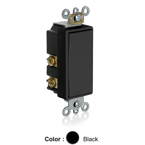 Leviton 56080-2E, Single Pole Single Throw Low Voltage Decora Plus Rocker Switch, Momentary Contact, Center Off, Commercial Specification Grade, 3 Amp, 24 Volt AC/DC, Self-Grounding, Back and Side Wired, Black