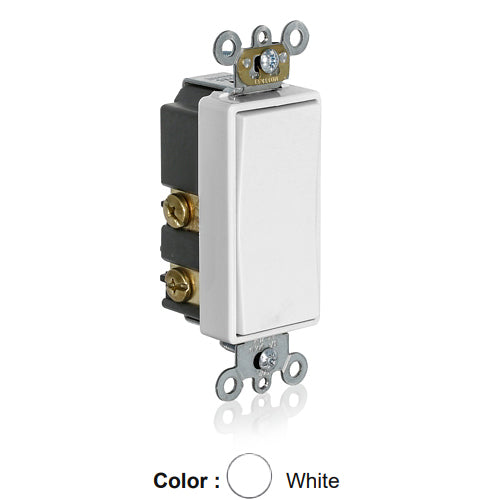 Leviton 56080-2W, Single Pole Single Throw Low Voltage Decora Plus Rocker Switch, Momentary Contact, Center Off, Commercial Specification Grade, 3 Amp, 24 Volt AC/DC, Self-Grounding, Back and Side Wired, White