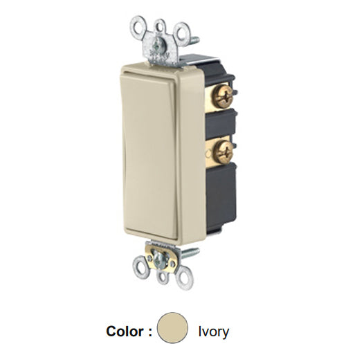 Leviton 56081-2I, Single Pole Double Throw Low Voltage Decora Plus Rocker Switch, Momentary Contact, Center Off, Commercial Specification Grade, 3 Amp, 24 Volt AC/DC, Self-Grounding, Back and Side Wired, Ivory