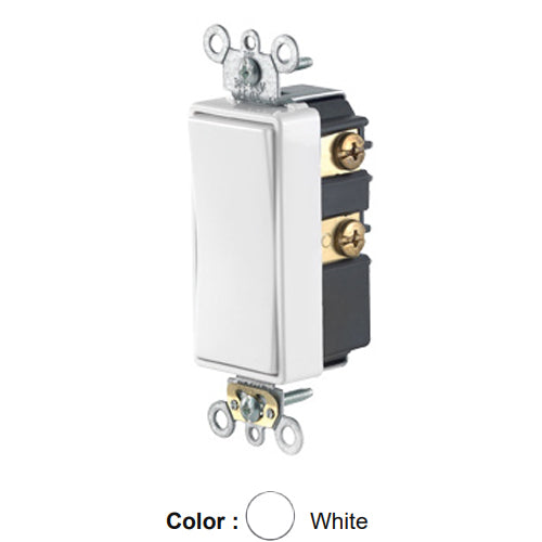 Leviton 56081-2W, Single Pole Double Throw Low Voltage Decora Plus Rocker Switch, Momentary Contact, Center Off, Commercial Specification Grade, 3 Amp, 24 Volt AC/DC, Self-Grounding, Back and Side Wired, White