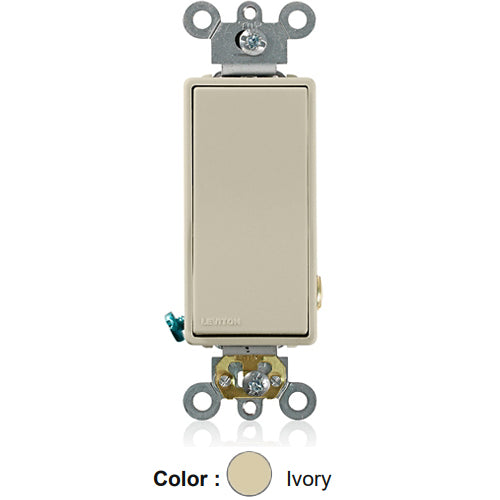 Leviton 5621-2I, Single Pole Decora Plus AC Quiet Rocker Switch, Commercial Specification Grade, 20 Amp, 120/277 Volt, Self-Grounding, Back and Side Wired, Ivory