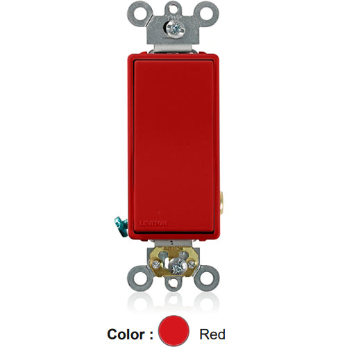 Leviton 5621-2R, Single Pole Decora Plus AC Quiet Rocker Switch, Commercial Specification Grade, 20 Amp, 120/277 Volt, Self-Grounding, Back and Side Wired, Red