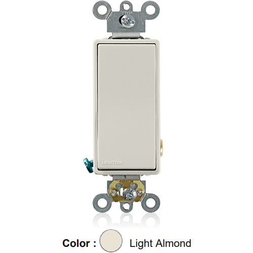 Leviton 5621-2T, Single Pole Decora Plus AC Quiet Rocker Switch, Commercial Specification Grade, 20 Amp, 120/277 Volt, Self-Grounding, Back and Side Wired, Light Almond