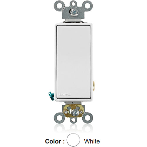 Leviton 5621-2W, Single Pole Decora Plus AC Quiet Rocker Switch, Commercial Specification Grade, 20 Amp, 120/277 Volt, Self-Grounding, Back and Side Wired, White