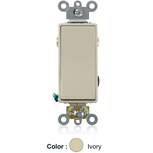 Leviton 5623-2I, 3-Way Decora Plus AC Quiet Rocker Switch, Commercial Specification Grade, 20 Amp, 120/277 Volt, Self-Grounding, Back and Side Wired, Ivory
