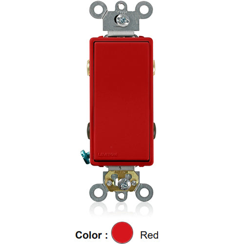 Leviton 5624-2R, 4-Way Decora Plus AC Quiet Rocker Switch, Commercial Specification Grade, 20 Amp, 120/277 Volt, Self-Grounding, Back and Side Wired, Red