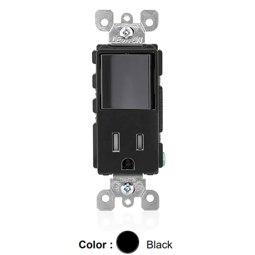 Leviton 5625-E, Decora Single-Pole/5-15R AC Combination Switch, Residential Grade, 15 Amp, 120 Volt, Grounding, Side Wired, Black