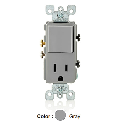 Leviton 5625-GY, Decora Single-Pole/5-15R AC Combination Switch, Residential Grade, 15 Amp, 120 Volt, Grounding, Side Wired, Gray