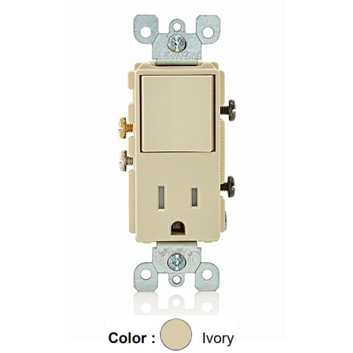 Leviton 5625-I, Decora Single-Pole/5-15R AC Combination Switch, Residential Grade, 15 Amp, 120 Volt, Grounding, Side Wired, Ivory
