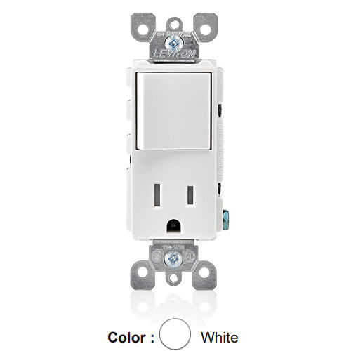 Leviton 5625-W, Decora Single-Pole/5-15R AC Combination Switch, Residential Grade, 15 Amp, 120 Volt, Grounding, Side Wired, White