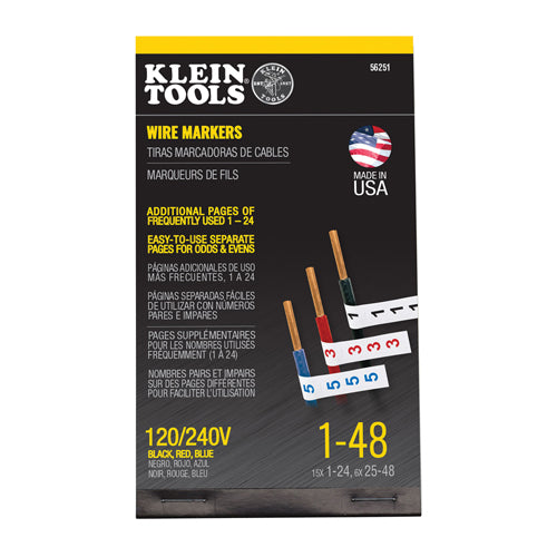 Klein Tools 56251, Wire Marker Book, 120/240V, 3 Phase Color Numerical Markers 1 – 48