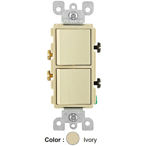Leviton 5627-I, Decora Single-Pole/Single-Pole AC Combination Switch, Residential Grade, 20 Amp, 120/277 Volt, Grounding, Side Wired, Ivory