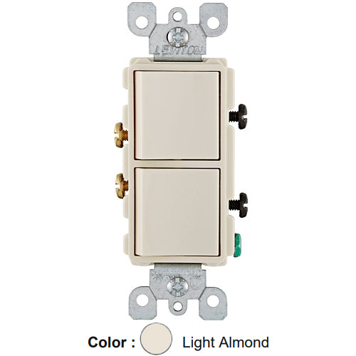 Leviton 5627-T, Decora Single-Pole/Single-Pole AC Combination Switch, Residential Grade, 20 Amp, 120/277 Volt, Grounding, Side Wired, Light Almond