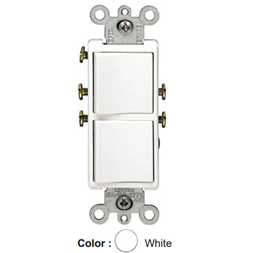Leviton 5627-W, Decora Single-Pole/Single-Pole AC Combination Switch, Residential Grade, 20 Amp, 120/277 Volt, Grounding, Side Wired, White