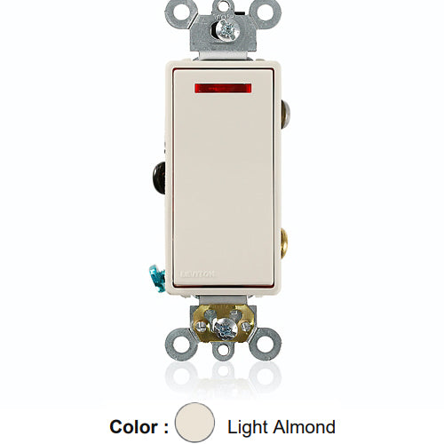 Leviton 5628-2T, Decora Plus Single Pole AC Quiet Rocker Switch, Pilot Light - Illuminated ON, Commercial Grade, 20 Amp, 120 Volt, Requires a Neutral Wire, Self-Grounding, Back and Side Wired, Light Almond