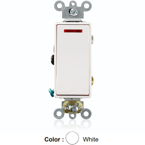 Leviton 5629-2W, Decora Plus Single Pole AC Quiet Rocker Switch, Pilot Light - Illuminated ON, Commercial Grade, 20 Amp, 277 Volt, Requires a Neutral Wire, Self-Grounding, Back and Side Wired, White