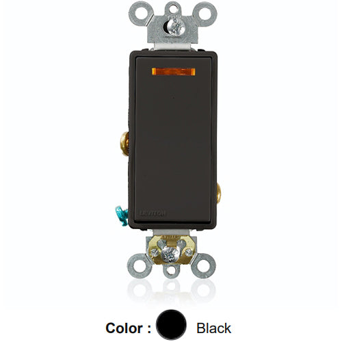 Leviton 5631-2E, Decora Plus Single Pole AC Quiet Rocker Switch, Lighted Handle - Illuminated OFF, Commercial Grade, 20 Amp, 120 Volt, Self-Grounding, Back and Side Wired, Black