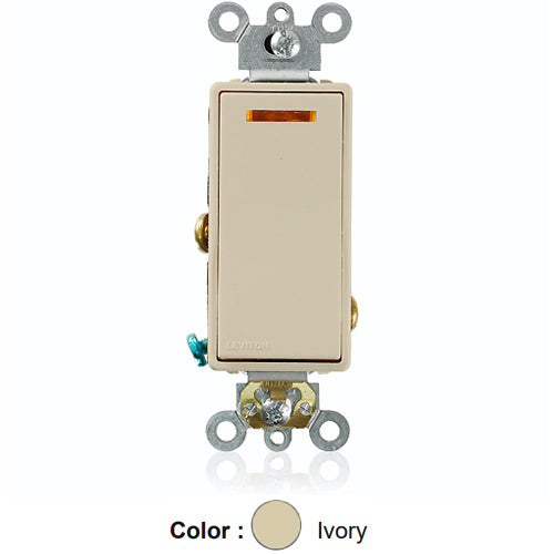 Leviton 5631-2I, Decora Plus Single Pole AC Quiet Rocker Switch, Lighted Handle - Illuminated OFF, Commercial Grade, 20 Amp, 120 Volt, Self-Grounding, Back and Side Wired, Ivory